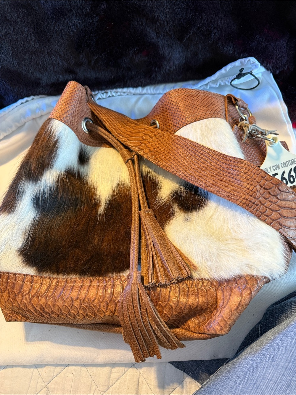 Large Feed Bucket Brown & White Leather Cowhide Bucket Bag